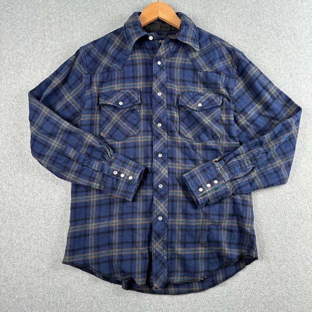 Wrangler Mens Blue Plaid Western Pearl Snap‎ Flannel Shirt Medium 75273AA